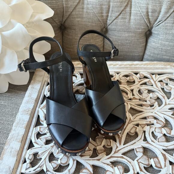 Coach Black Leather Studded Wood Heels Shoes Sandals Women’s 9 - Picture 3 of 9